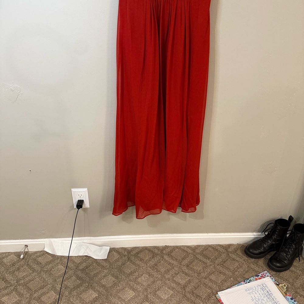 Bebe bright red flowy maxi dress with unique halter top and gathered waist - Picture 7 of 11
